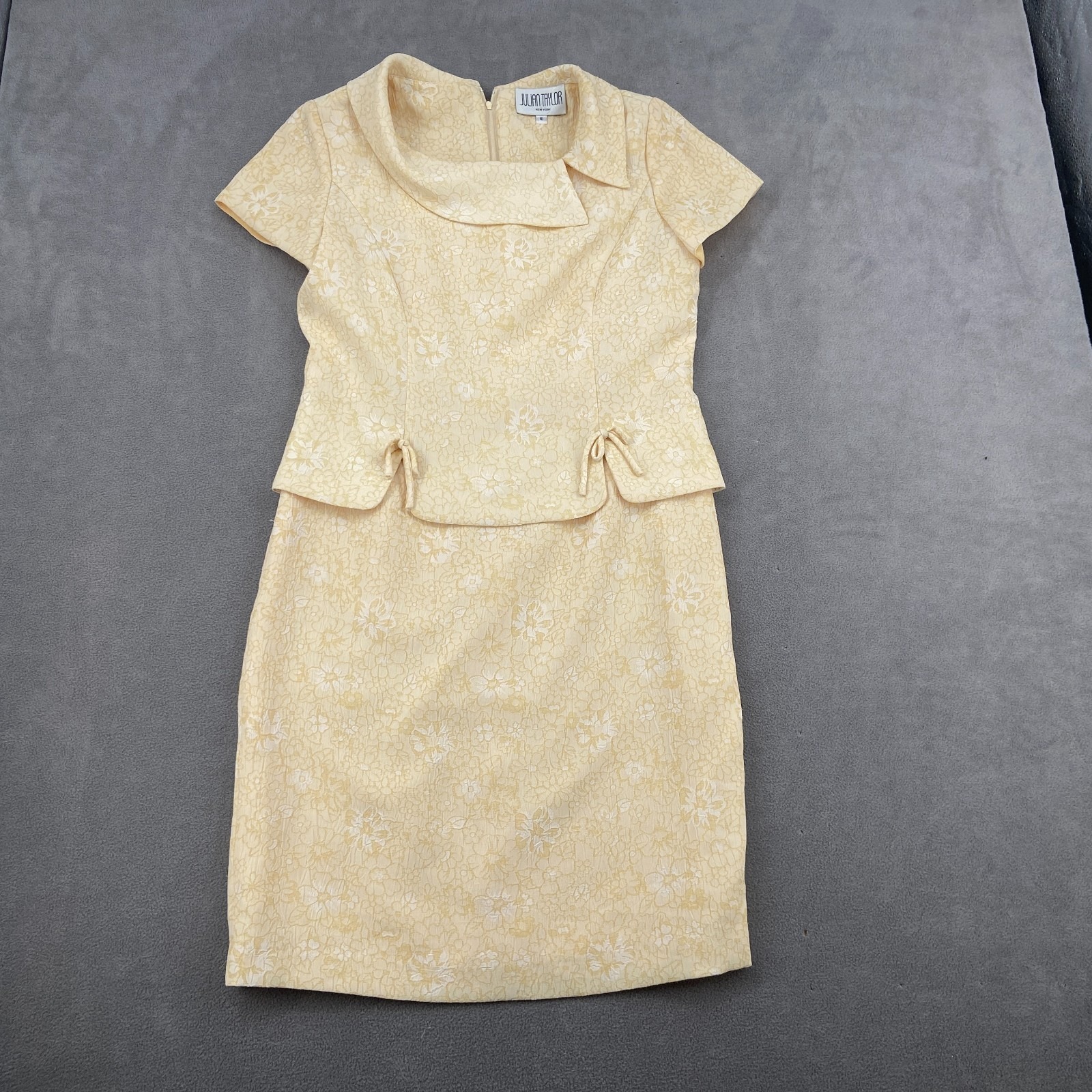 Julian Taylor Sheath Dress Womens 10 Pastel Yellow Floral Jacquard Peplum Retro